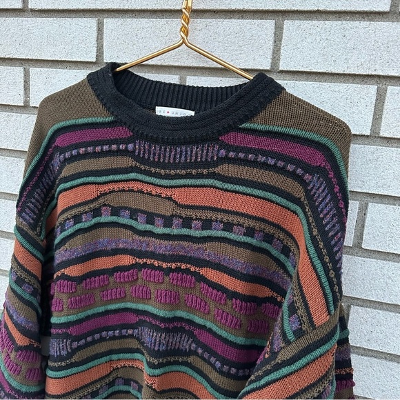 Vintage Reunion Menswear Grandpa 3D Textured Sweater Earthtones Cotton Made USA - Picture 2 of 10